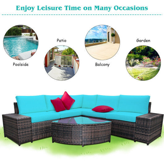 6 Piece Wicker Patio Sectional Sofa Set with Tempered Glass Coffee Table-Turquoise - Color: Turquoise