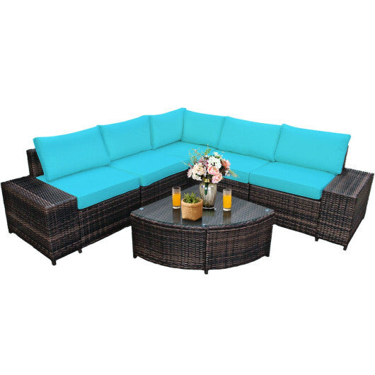 6 Piece Wicker Patio Sectional Sofa Set with Tempered Glass Coffee Table-Turquoise - Color: Turquoise