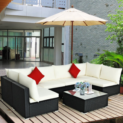 7-Piece Outdoor Sectional Wicker Patio Sofa Set with Tempered Glass Top-Beige - Color: Beige