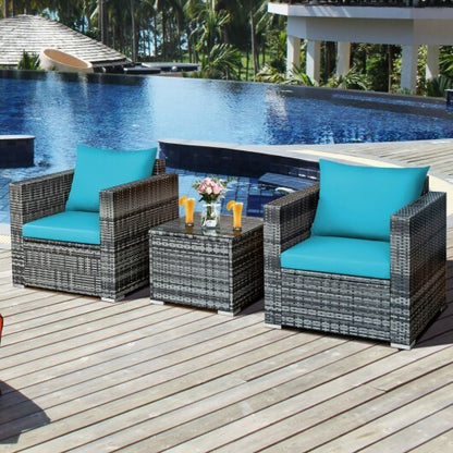 3 Pieces Patio Rattan Furniture Bistro Sofa Set with Cushioned-Turquoise - Color: Turquoise