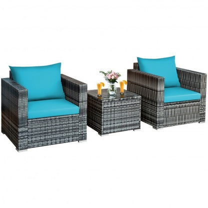 3 Pieces Patio Rattan Furniture Bistro Sofa Set with Cushioned-Turquoise - Color: Turquoise