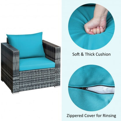 3 Pieces Patio Rattan Furniture Bistro Sofa Set with Cushioned-Turquoise - Color: Turquoise