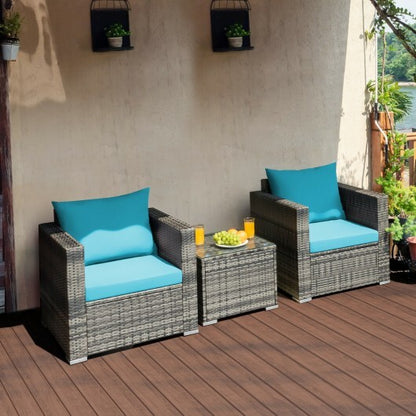 3 Pieces Patio Rattan Furniture Bistro Sofa Set with Cushioned-Turquoise - Color: Turquoise