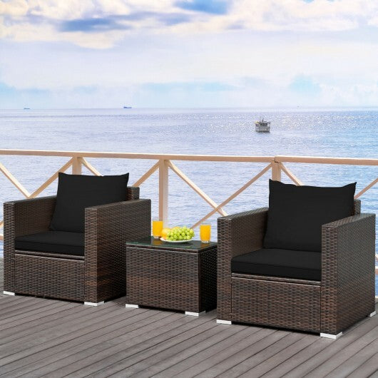 3 Pcs Patio Conversation Rattan Furniture Set with Cushion-Black - Color: Black