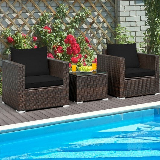 3 Pcs Patio Conversation Rattan Furniture Set with Cushion-Black - Color: Black