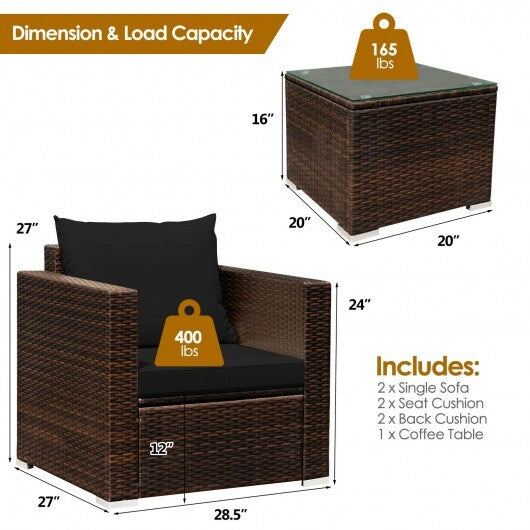 3 Pcs Patio Conversation Rattan Furniture Set with Cushion-Black - Color: Black