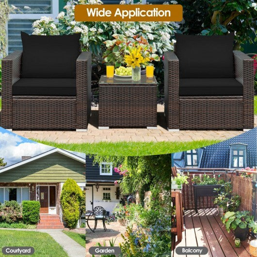 3 Pcs Patio Conversation Rattan Furniture Set with Cushion-Black - Color: Black