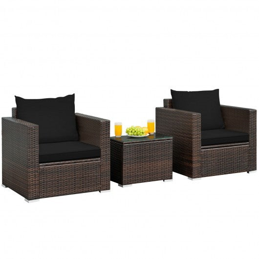 3 Pcs Patio Conversation Rattan Furniture Set with Cushion-Black - Color: Black