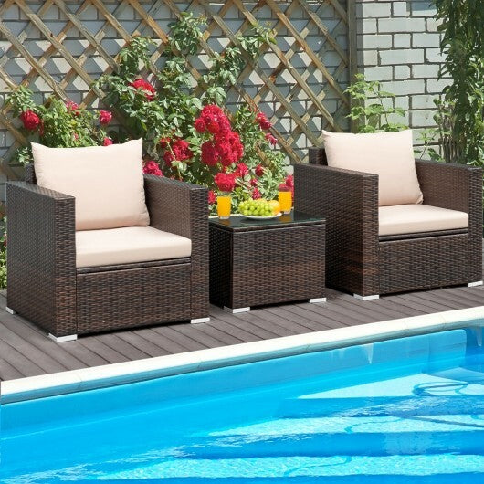 3 Pcs Patio Conversation Rattan Furniture Set with Cushion-Beige - Color: Beige