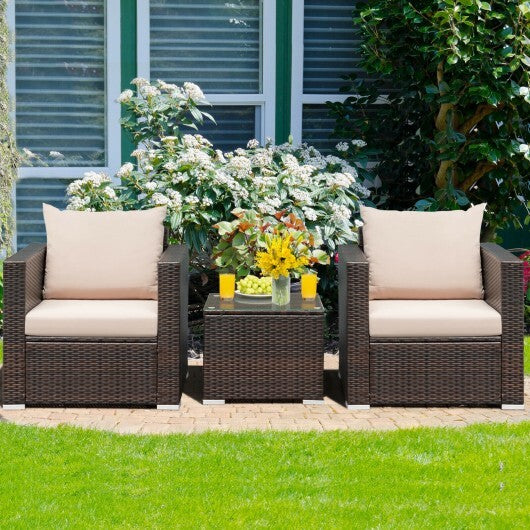 3 Pcs Patio Conversation Rattan Furniture Set with Cushion-Beige - Color: Beige