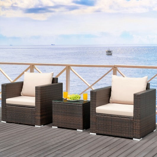 3 Pcs Patio Conversation Rattan Furniture Set with Cushion-Beige - Color: Beige