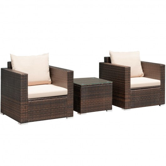 3 Pcs Patio Conversation Rattan Furniture Set with Cushion-Beige - Color: Beige