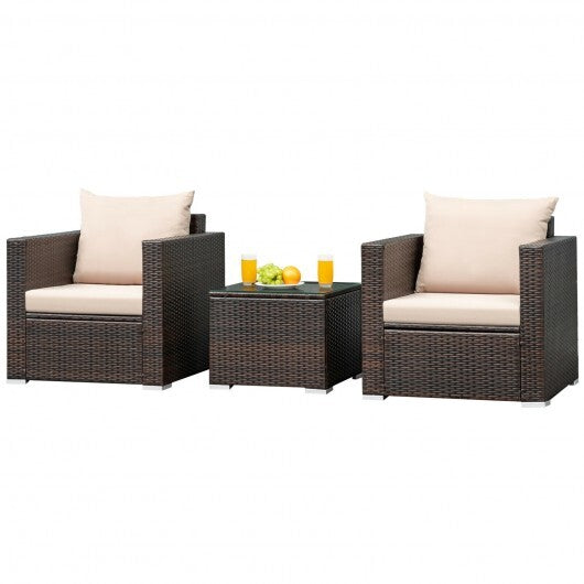 3 Pcs Patio Conversation Rattan Furniture Set with Cushion-Beige - Color: Beige