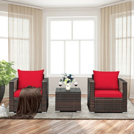 3 Pcs Patio Conversation Rattan Furniture Set with Cushion-Red - Color: Red