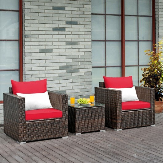 3 Pcs Patio Conversation Rattan Furniture Set with Cushion-Red - Color: Red