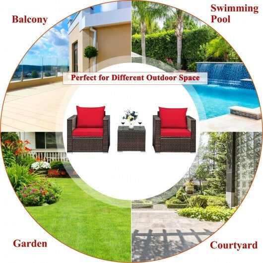 3 Pcs Patio Conversation Rattan Furniture Set with Cushion-Red - Color: Red