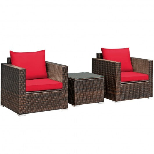 3 Pcs Patio Conversation Rattan Furniture Set with Cushion-Red - Color: Red