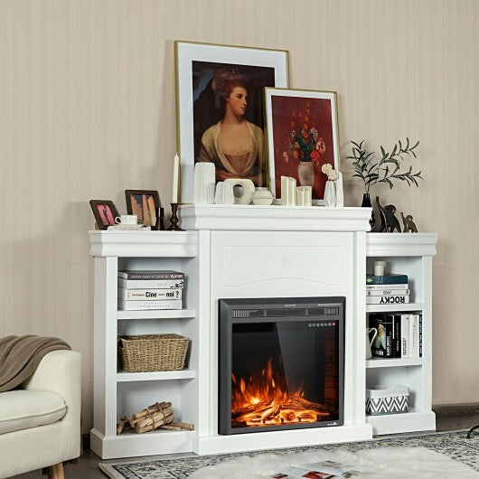 70 Inch Modern Fireplace Media Entertainment Center with Bookcase-White - Color: White