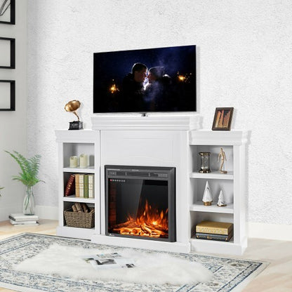 70 Inch Modern Fireplace Media Entertainment Center with Bookcase-White - Color: White