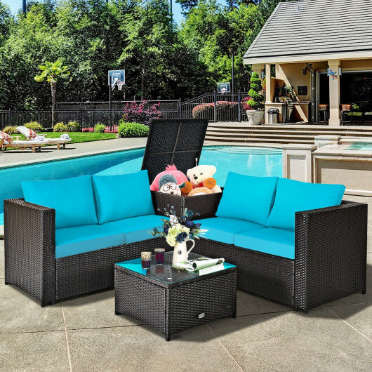 4 Pieces Outdoor Patio Rattan Furniture Set with Cushioned Loveseat and Storage Box-Turquoise - Color: Turquoise