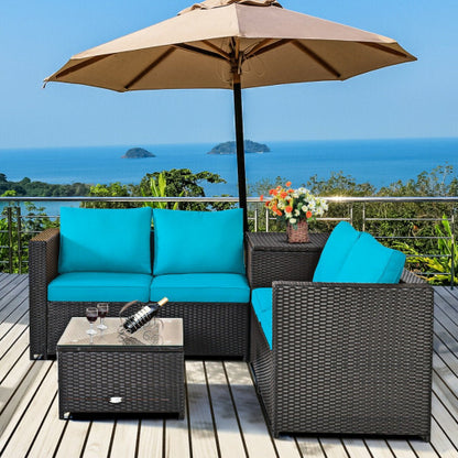 4 Pieces Outdoor Patio Rattan Furniture Set with Cushioned Loveseat and Storage Box-Turquoise - Color: Turquoise