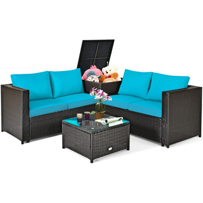 4 Pieces Outdoor Patio Rattan Furniture Set with Cushioned Loveseat and Storage Box-Turquoise - Color: Turquoise