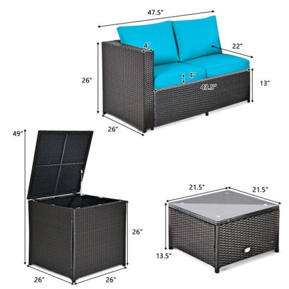 4 Pieces Outdoor Patio Rattan Furniture Set with Cushioned Loveseat and Storage Box-Turquoise - Color: Turquoise