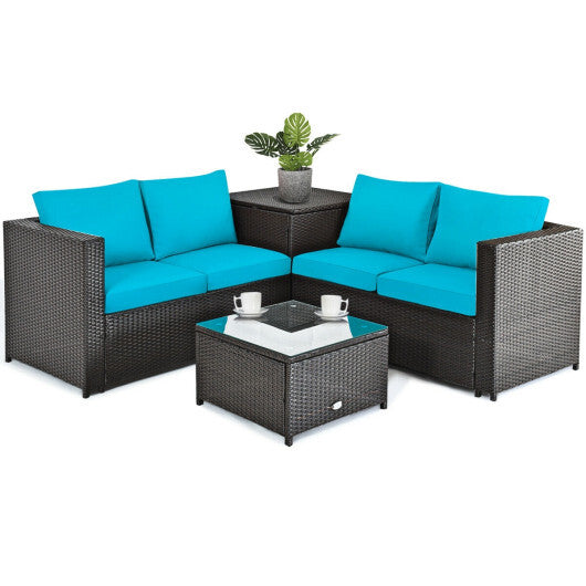 4 Pieces Outdoor Patio Rattan Furniture Set with Cushioned Loveseat and Storage Box-Turquoise - Color: Turquoise