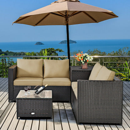 4 Pieces Outdoor Patio Rattan Furniture Set with Cushioned Loveseat and Storage Box-Brown - Color: Brown