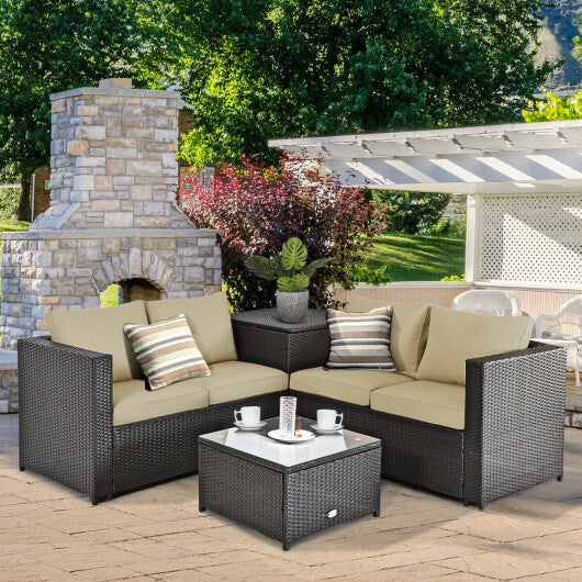 4 Pieces Outdoor Patio Rattan Furniture Set with Cushioned Loveseat and Storage Box-Brown - Color: Brown