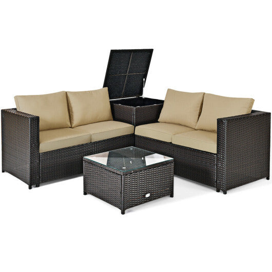 4 Pieces Outdoor Patio Rattan Furniture Set with Cushioned Loveseat and Storage Box-Brown - Color: Brown