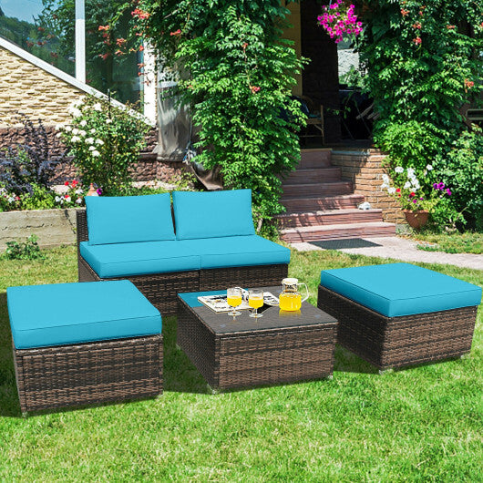 5 Pieces Patio Rattan Furniture Set with Cushioned Armless Sofa-Turquoise - Color: Turquoise