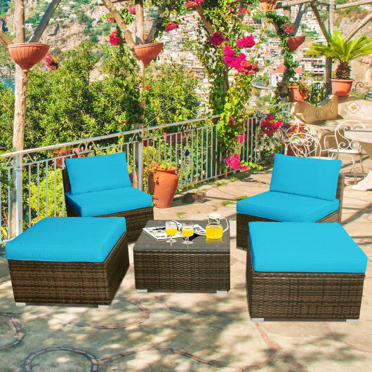 5 Pieces Patio Rattan Furniture Set with Cushioned Armless Sofa-Turquoise - Color: Turquoise