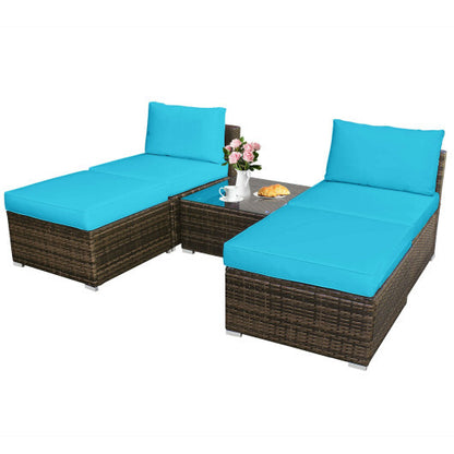 5 Pieces Patio Rattan Furniture Set with Cushioned Armless Sofa-Turquoise - Color: Turquoise