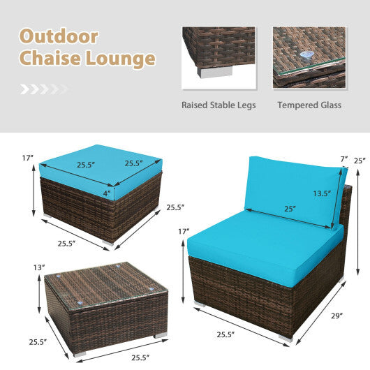 5 Pieces Patio Rattan Furniture Set with Cushioned Armless Sofa-Turquoise - Color: Turquoise