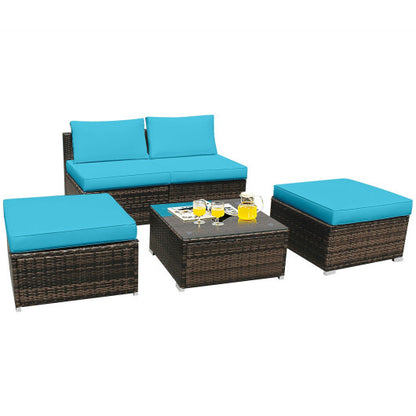 5 Pieces Patio Rattan Furniture Set with Cushioned Armless Sofa-Turquoise - Color: Turquoise