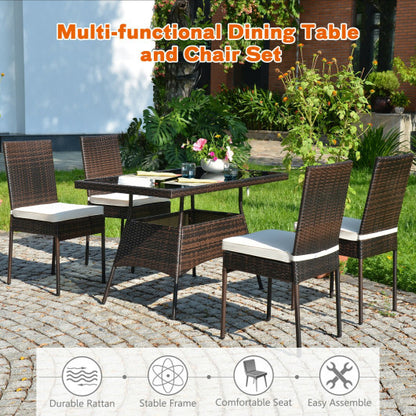 5 Pieces Rattan Dining Set Glass Table High Back Chair - Color: Brown