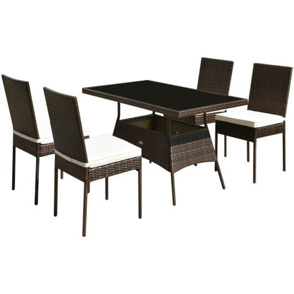 5 Pieces Rattan Dining Set Glass Table High Back Chair - Color: Brown