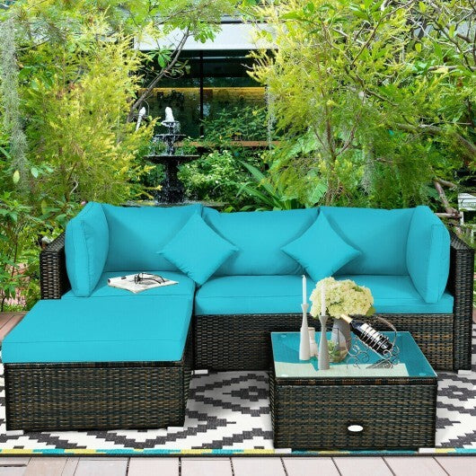 5 Pcs Outdoor Patio Rattan Furniture Set Sectional Conversation with Navy Cushions-Turquoise - Color: Turquoise