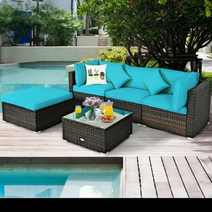 5 Pcs Outdoor Patio Rattan Furniture Set Sectional Conversation with Navy Cushions-Turquoise - Color: Turquoise