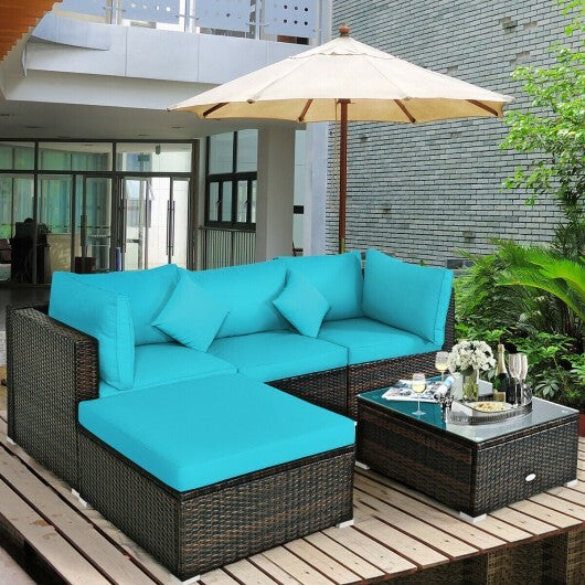 5 Pcs Outdoor Patio Rattan Furniture Set Sectional Conversation with Navy Cushions-Turquoise - Color: Turquoise