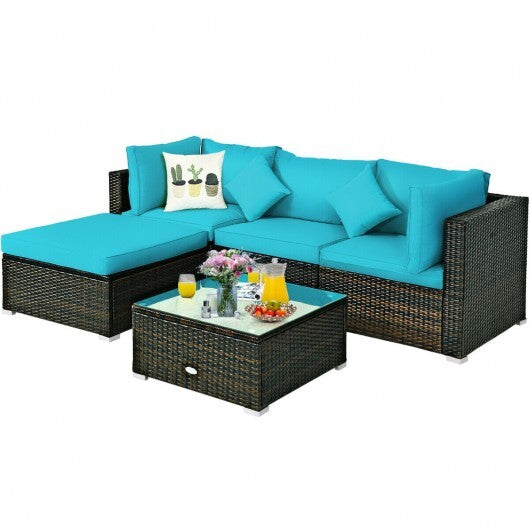 5 Pcs Outdoor Patio Rattan Furniture Set Sectional Conversation with Navy Cushions-Turquoise - Color: Turquoise