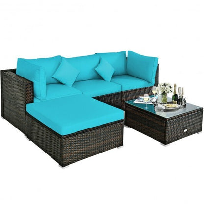 5 Pcs Outdoor Patio Rattan Furniture Set Sectional Conversation with Navy Cushions-Turquoise - Color: Turquoise