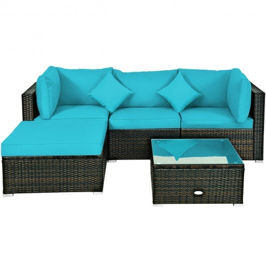 5 Pcs Outdoor Patio Rattan Furniture Set Sectional Conversation with Navy Cushions-Turquoise - Color: Turquoise