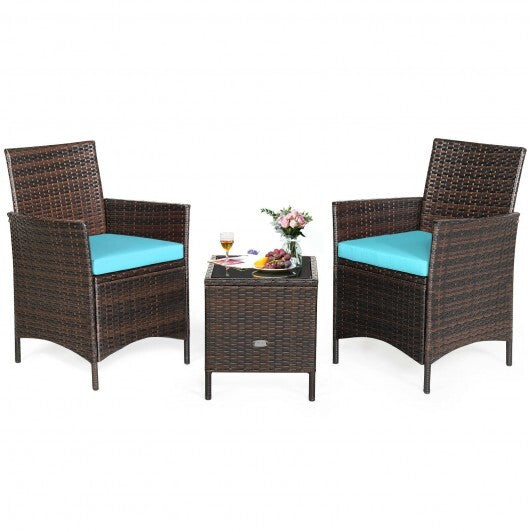 3 Pieces Patio Rattan Furniture Set Cushioned Sofa and Glass Tabletop Deck-Blue - Color: Blue