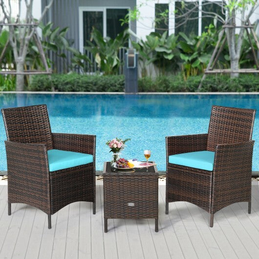 3 Pieces Patio Rattan Furniture Set Cushioned Sofa and Glass Tabletop Deck-Blue - Color: Blue