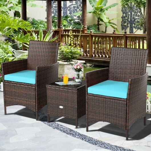 3 Pieces Patio Rattan Furniture Set Cushioned Sofa and Glass Tabletop Deck-Blue - Color: Blue