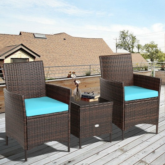 3 Pieces Patio Rattan Furniture Set Cushioned Sofa and Glass Tabletop Deck-Blue - Color: Blue