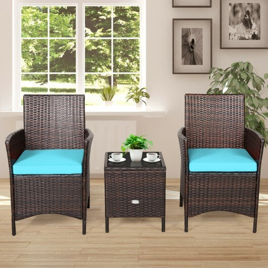 3 Pieces Patio Rattan Furniture Set Cushioned Sofa and Glass Tabletop Deck-Blue - Color: Blue