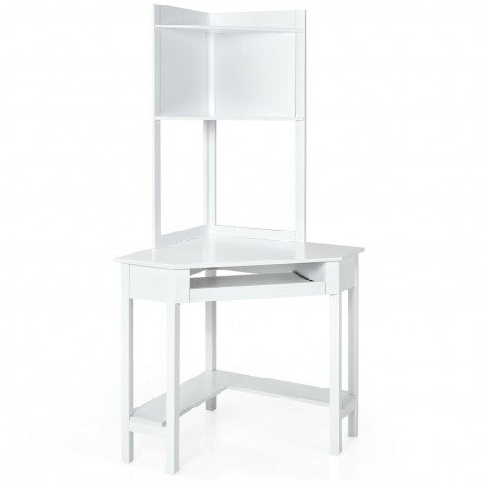 Corner Computer Desk with Hutch and Storage Shelves-White - Color: White